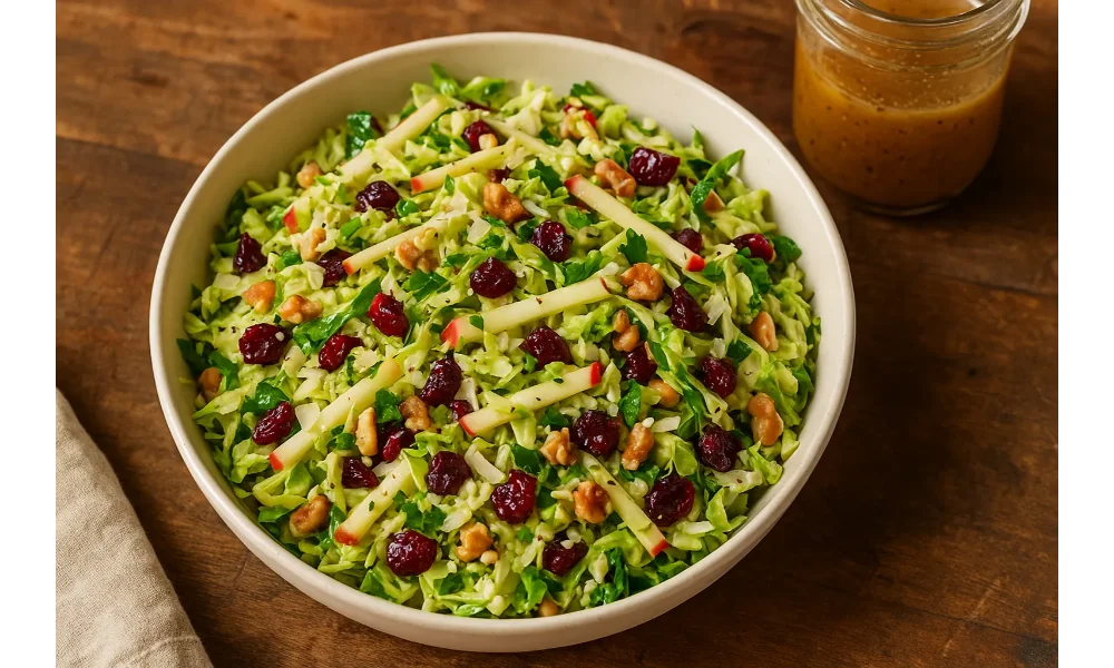 A fresh Brussels sprouts slaw with apple strips, dried cranberries, and walnuts, dressed in a maple Dijon vinaigrette, served in a ceramic bowl with a jar of dressing on the side.