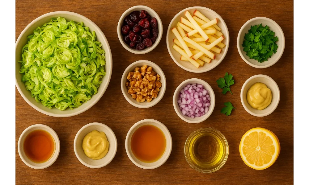 Overhead shot of Brussels sprouts slaw ingredients on a wooden table: shaved Brussels sprouts, matchstick apples, dried cranberries, walnuts, red onion, parsley, Dijon mustard, maple syrup, apple cider vinegar, olive oil, and lemon.