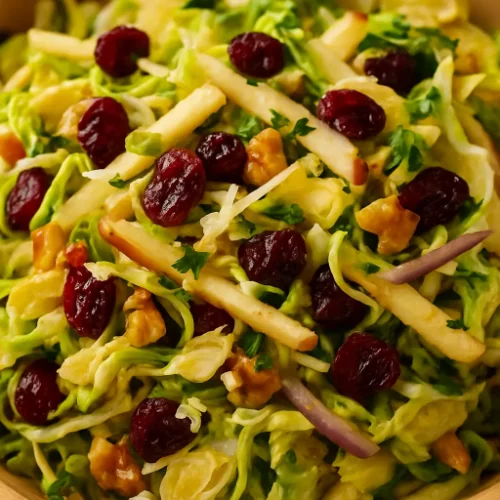 Close-up of Brussels sprouts slaw with apple matchsticks, dried cranberries, walnuts, and parsley tossed in a maple Dijon vinaigrette.