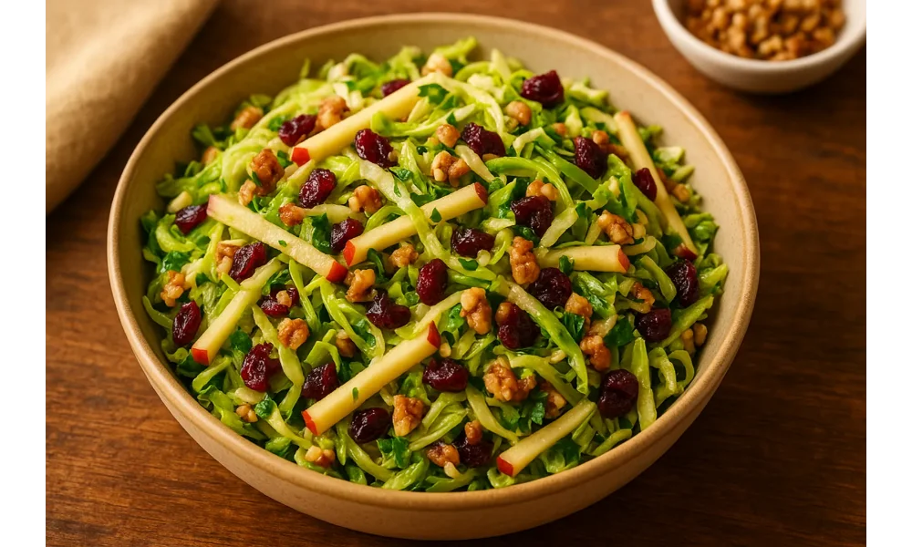 A bowl of Brussels sprouts slaw with apple sticks, dried cranberries, and walnuts tossed in a light maple Dijon vinaigrette, served on a wooden table.
