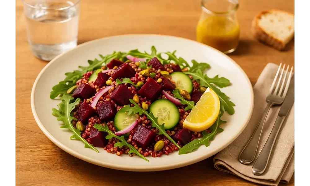 Cold beet quinoa salad served on a white plate with arugula, cucumber, and lemon slice, set on a wooden table with a fork and glass of water.