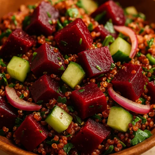 Close-up of a cold beet quinoa salad showing diced roasted beets, cucumber, red onion, parsley, and quinoa in a wooden bowl under warm lighting.