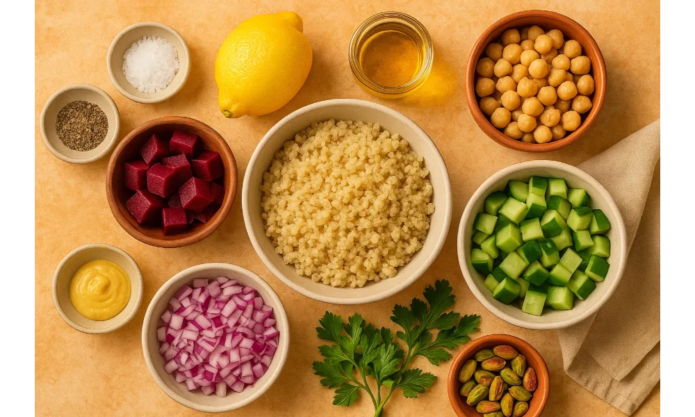 Ingredients for cold beet quinoa salad including quinoa, roasted beets, cucumber, chickpeas, red onion, lemon, mustard, olive oil, parsley, and pistachios arranged in small bowls on a warm surface.