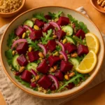 Overhead bowl of cold beet quinoa salad with arugula, cucumber, red onion, pistachios, and lemon wedges on a warm-toned surface.