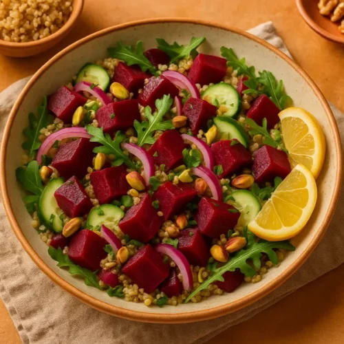 Overhead bowl of cold beet quinoa salad with arugula, cucumber, red onion, pistachios, and lemon wedges on a warm-toned surface.