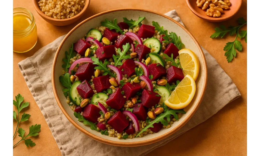 Overhead bowl of cold beet quinoa salad with arugula, cucumber, red onion, pistachios, and lemon wedges on a warm-toned surface.