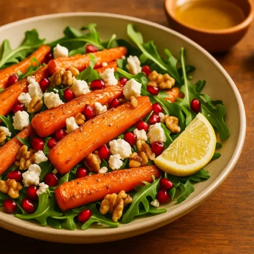 Honey roasted carrot salad with arugula, feta, walnuts, and pomegranate seeds served with lemon and honey dressing.