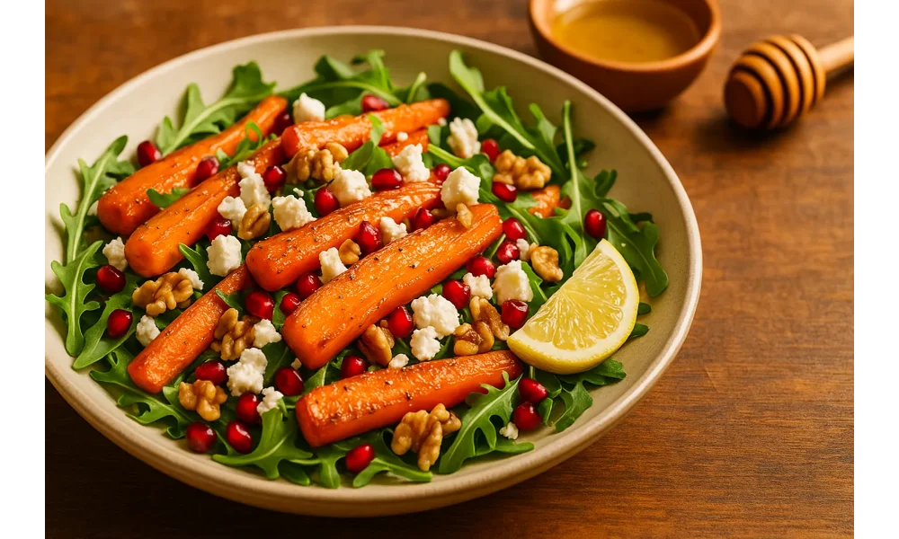 Honey roasted carrot salad with arugula, feta, walnuts, and pomegranate seeds served with lemon and honey dressing.