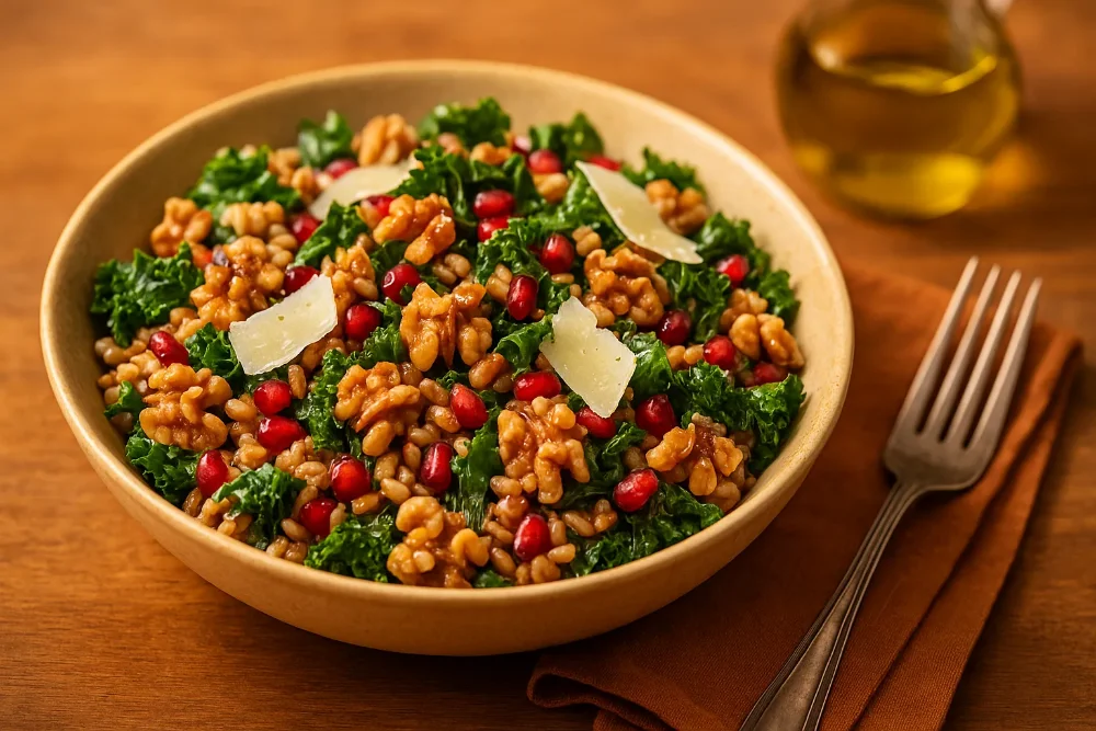 Italian fall grain bowl with farro, curly kale, pomegranate seeds, walnuts, and shaved Pecorino in a ceramic bowl, warm rustic setting.