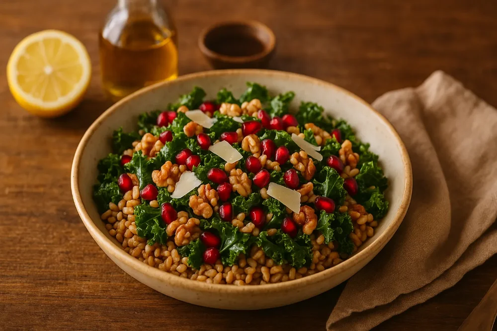 A rustic Italian fall grain bowl filled with farro, kale, pomegranate seeds, walnuts, and shaved Pecorino, served in a ceramic dish on a wooden table with warm light.