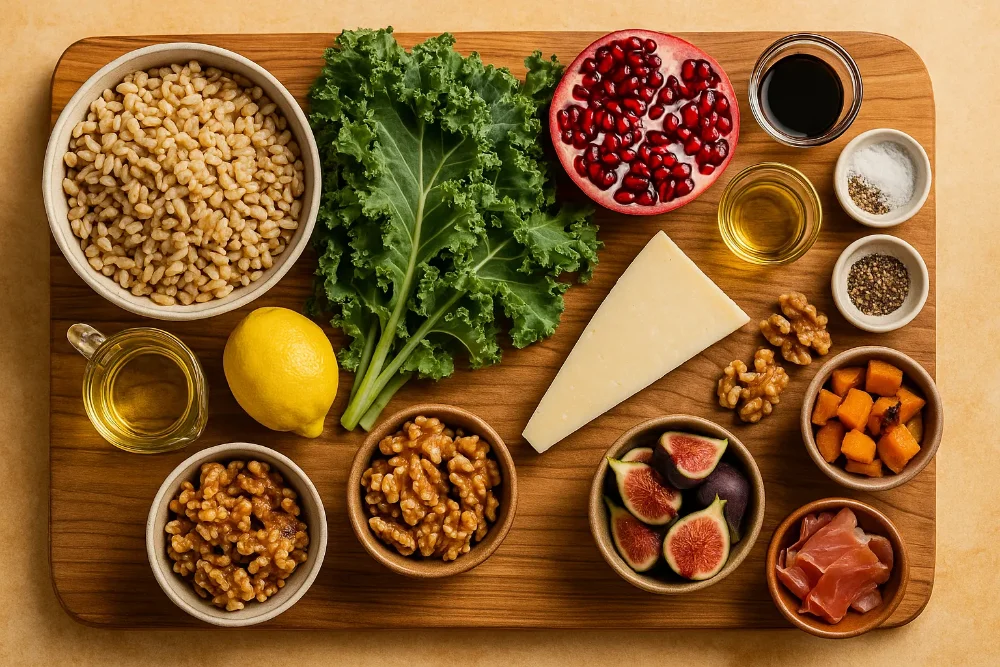 Flat-lay of fresh ingredients for an Italian fall grain bowl, including farro, kale, pomegranate, walnuts, figs, lemon, olive oil, cheese, and seasonings on a wooden board.