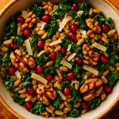 Close-up of an Italian fall grain bowl with farro, kale, pomegranate seeds, walnuts, and shaved Pecorino in a rustic ceramic bowl.