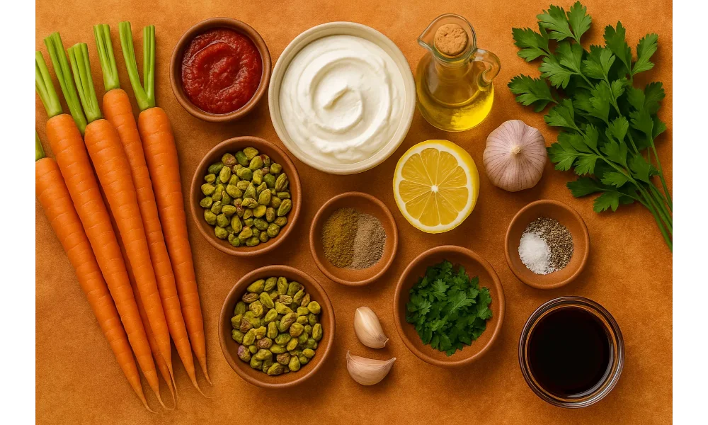 Fresh ingredients for Ottolenghi roasted carrots including carrots, harissa, yogurt, pistachios, lemon, garlic, olive oil, and herbs arranged on a warm-toned background.