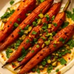 Close-up of Ottolenghi roasted carrots with harissa yogurt and pistachios, topped with fresh herbs and served on a rustic plate.