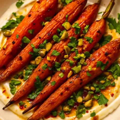 Close-up of Ottolenghi roasted carrots with harissa yogurt and pistachios, topped with fresh herbs and served on a rustic plate.