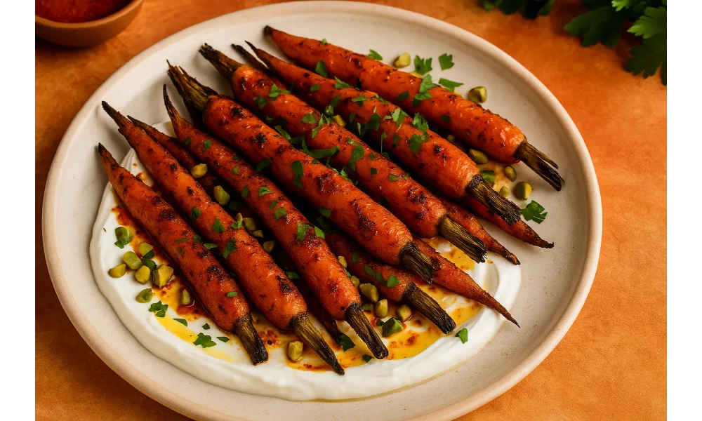 Plate of Ottolenghi roasted carrots on harissa yogurt, topped with chopped pistachios and herbs, shot in warm light.