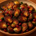 Roasted Brussels sprouts glazed with pomegranate molasses in a rustic bowl, topped with parsley and scattered pomegranate seeds on a warm background.