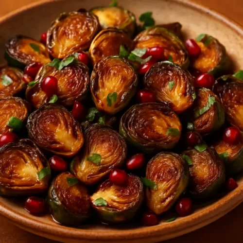 Roasted Brussels sprouts glazed with pomegranate molasses in a rustic bowl, topped with parsley and scattered pomegranate seeds on a warm background.