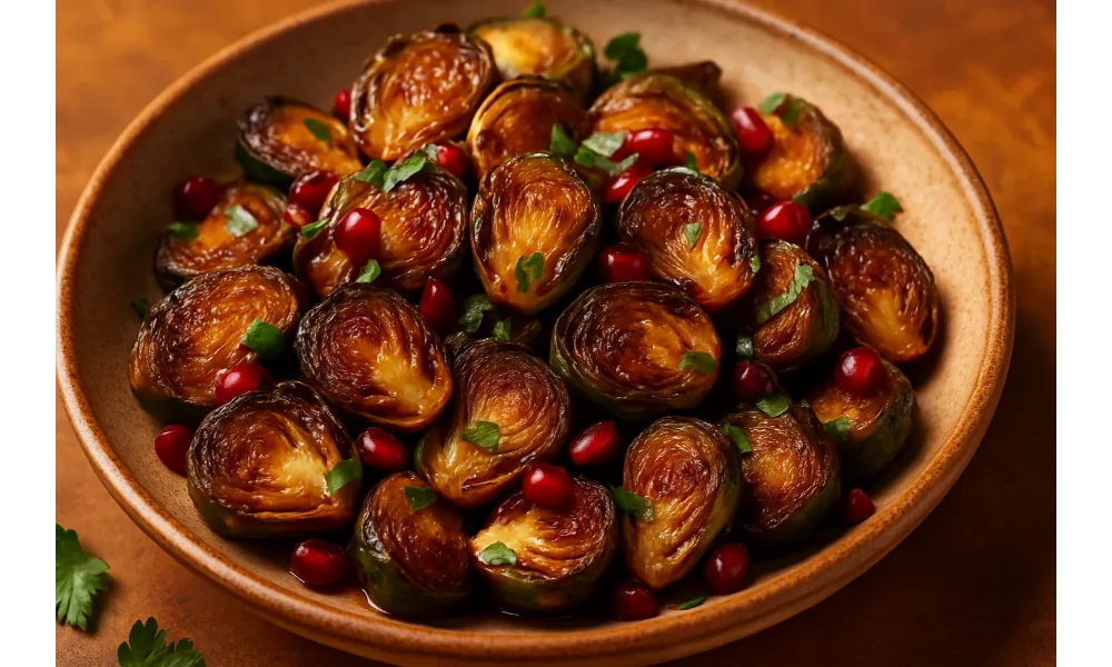 Roasted Brussels sprouts glazed with pomegranate molasses in a rustic bowl, topped with parsley and scattered pomegranate seeds on a warm background.