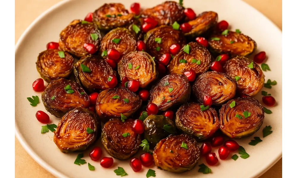 Caramelized Brussels sprouts glazed with pomegranate molasses, topped with parsley and pomegranate seeds on a beige plate.