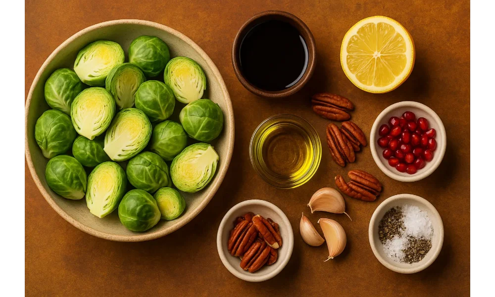 Fresh ingredients for pomegranate molasses Brussels sprouts, including halved Brussels sprouts, olive oil, pomegranate molasses, lemon, pecans, garlic, pomegranate seeds, salt, and pepper arranged on a warm-toned surface.