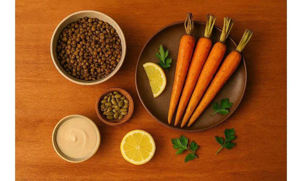 Fresh ingredients for roasted carrots with spiced lentils — including carrots, lentils, lemon, tahini, pumpkin seeds, and parsley on a warm wooden background.