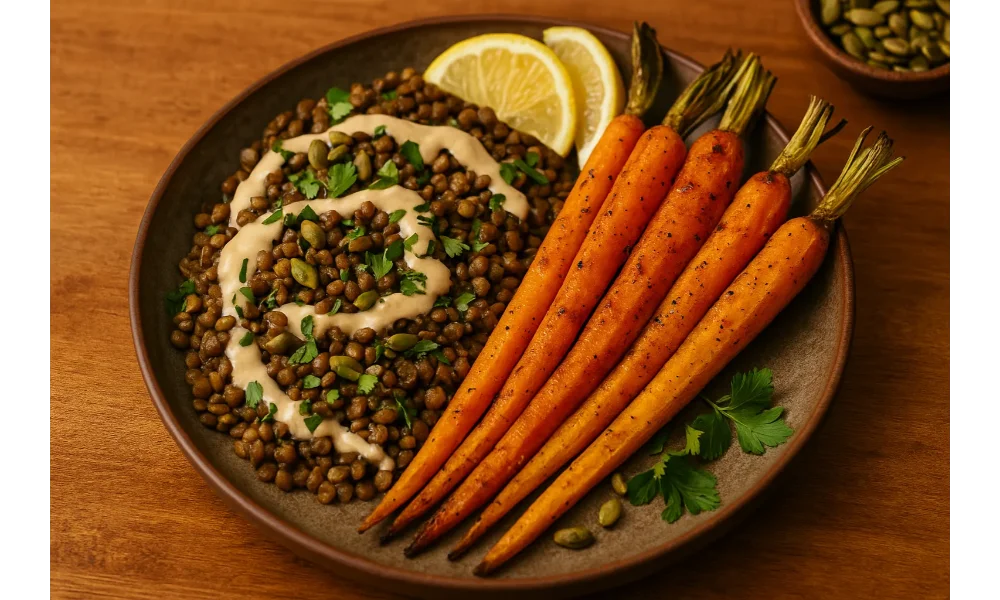 A plate of roasted carrots served with spiced lentils, tahini drizzle, lemon wedges, and parsley on a warm wooden background.
