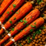 Close-up of roasted carrots with spiced lentils, topped with fresh parsley and a light tahini drizzle.