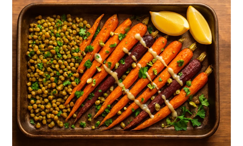 Sheet pan of roasted rainbow carrots with spiced lentils, tahini drizzle, parsley, pistachios, and lemon wedges on a warm wooden surface.