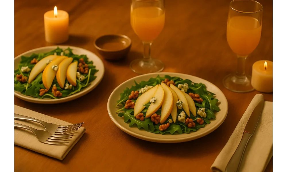 Two plates of pear and blue cheese salad with arugula, walnuts, and honey vinaigrette served on a wooden table with candles and glasses of juice for a cozy dinner for two.